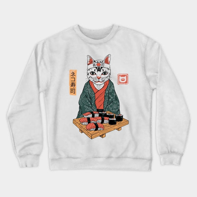 Neko Sushi Bar White Crewneck Sweatshirt by Vincent Trinidad Art